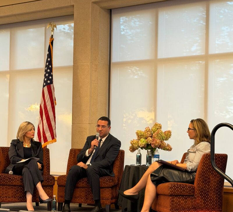 GVSU College of Computing Dean Kessentini and Dr. Samah Mansour in conversation with Rep. Hilary Scholten on Stage.